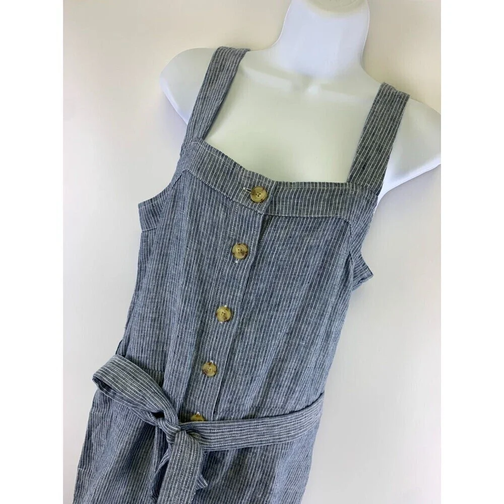 Everlane Linen Picnic Jumpsuit Blue Pinstriped Button Belted Adjustable Womens 6